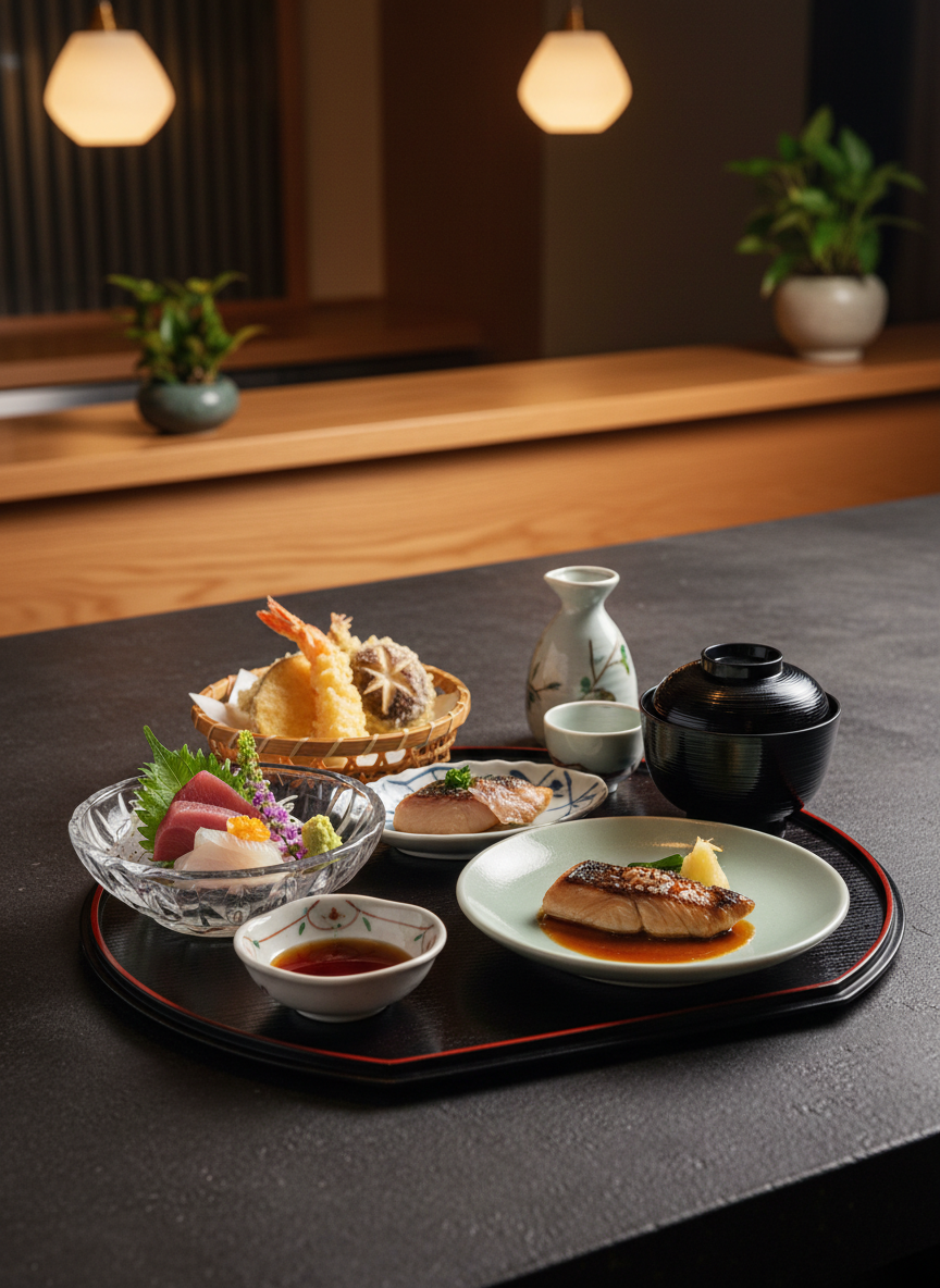 A meticulously arranged kaiseki course displayed on a dark, matte ceramic table in a refined Kyoto-style dining room. A lacquered wooden tray holds a variety of small, exquisitely crafted dishes: clear glass bowl with seasonal sashimi, a pale celadon plate with delicately grilled fish, a tiny lidded lacquer bowl for soup, and a bamboo basket with tempura. The polished wood counter in the background is softly blurred. Warm, indirect pendant lighting from above creates gentle highlights on the ceramics and subtle reflections on the lacquer, casting calm, elongated shadows. Shot at eye level with a shallow depth of field, photographic realism, the mood is sophisticated, serene, and quietly luxurious, emphasizing seasonal Japanese cuisine in an understated, modern-traditional aesthetic.